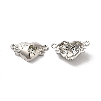 Alloy Connector Charms, Heart Links with Glass, Lead Free & Cadmium Free, Platinum, Clear, 12x22x5mm, Hole: 1.4mm