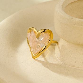 Natural Rose Quartz Chip Finger Rings for Women, Heart 304 Stainless Steel Open Cuff Rings, Real 18K Gold Plated, Heart: 18.5x16.5mm, Adjustable