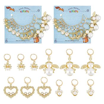 Alloy & Rhinestone & Acrylic Imitation Pearl Pendant Locking Stitch Markers, 304 Stainless Steel Leverback Earring Stitch Marker, Bee/Heart/Spider, Light Gold, 3~5cm, 4 style, 3pcs/style, 12pcs/set