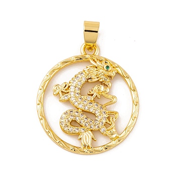 Brass Micro Pave Cubic Zirconia Pendants, Real 18K Gold Plated Dragon Charms, Clear, 32x28.5x4mm, Hole: 7.5x4.5mm