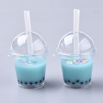 Openable Acrylic Bottle Big Pendants, with Resin, Polymer Clay Inside and Plastic Straw, Bubble Tea/Boba Milk Tea, Dark Turquoise, 64~74x43x37.5mm, Hole: 2.5mm