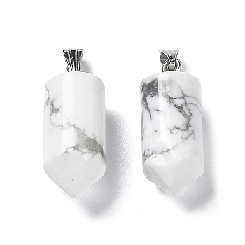 Natural Howlite Pointed Pendants, Bullet charms with Stainless Steel Color Plated 201 Stainless Steel Snap on Bails, 26x10.5mm, Hole: 7x3.5mm