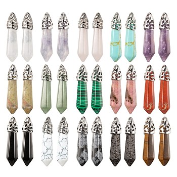 15Pcs 15 Style Natural & Synthetic Gemstone Pendants, with Platinum Tone Brass Findings, Bullet, 33~40x8~10mm, Hole: 3x2mm, 1pc/style