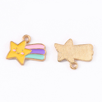 Alloy Enamel Pendants, Smiling Face Meteor with Rainbow, Light Gold, Yellow, 14x17x1.5mm, Hole: 1.6mm