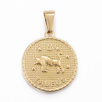 Real 18K Gold Plated 304 Stainless Steel Pendants, Flat Round with Twelve Constellation/Zodiac Sign, Taurus, 29x25x3.2mm, Hole: 9x4.5mm