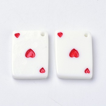 Resin Pendant, Playing Card Shape with Heart, Red, 21~22x15.5~16.5x2.4~3.5mm, Hole: 1.6mm