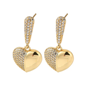 Brass Pave Cubic Zirconia Stud Earrings for Women, Heart, Real 16K Gold Plated, 31.5x16.5mm