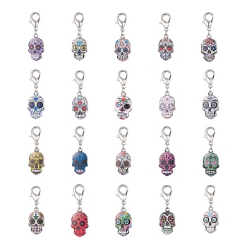 20Pcs Alloy Enamel Pendant Decoration, with Zinc Alloy Lobster Claw Clasps, Skull, Mixed Color, 39~40mm, 1pc/color