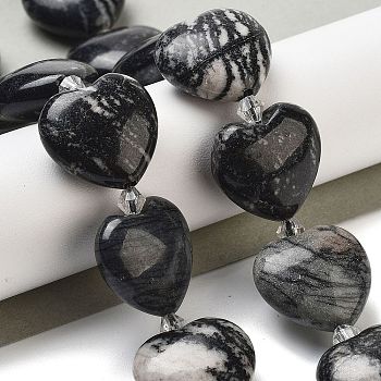 Natural Black Netstone Beads Strands, Heart, with Seed Beads, 19~19.5x20x10mm, Hole: 1.5mm, about 17pcs/strand, 15.75 inch(40cm)