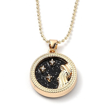 Alloy Rhinestone Pendant Necklaces, with Resin and Ball Chains, Flat Round with Constellation/Zodiac Sign, Golden, Black, Aquarius, 18.31 inch(46.5cm)