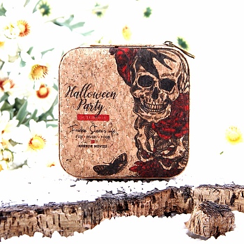 Portable Skull Printed Square Cork Wood Jewelry Packaging Zipper Box for Necklaces Earrings Storage, Flower, 10x10x5cm