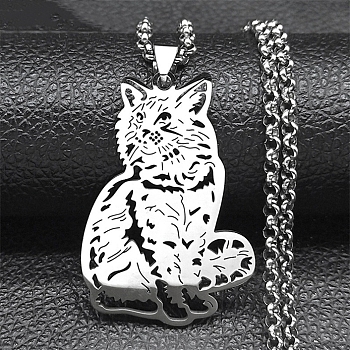 304 Stainless Steel Box Chain Hollow Cute Cat Pendant Necklaces, Stainless Steel Color, 19.37 inch(49.2cm)