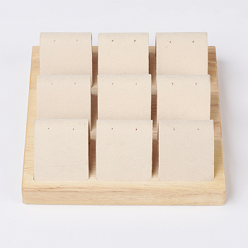Wood Earring Displays, with Faux Suede, 9 Compartments, Square, PeachPuff, 15x15x1.8cm