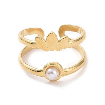 Plastic Imitation Pearl Beaded Leaf Open Cuff Ring, Titanium Steel Jewelry for Women, Golden, Inner Diameter: 19mm