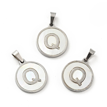 304 Stainless Steel with White Shell Pendants, Stainless Steel Color, Flat Round with Letter Charm, Letter.Q, 18x16x1.5mm, Hole: 3x6mm