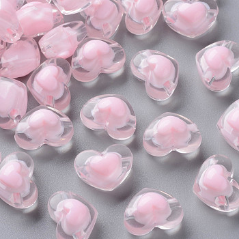 Transparent Acrylic Beads, Bead in Bead, Heart, Pink, 13x17x9.5mm, Hole: 2.5mm, about 420pcs/500g