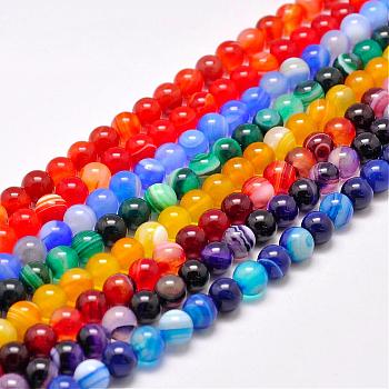 Natural Striped Agate/Banded Agate Bead Strands, Dyed & Heated Color, Round, Grade A, Mixed Color, 10mm, Hole: 1mm, about 39pcs/strand, 15.2 inch(387mm)