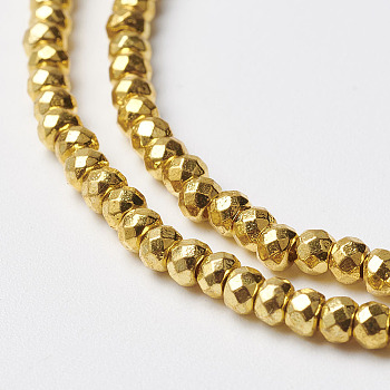 Non-magnetic Synthetic Hematite Beads Strands, Faceted, Rondelle, Golden Plated, 3x2mm, Hole: 1mm, about 188~205pcs/strand, 14.7 inch~15.7 inch