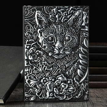 3D Embossed PU Leather Notebook, A5 Cat & Flower Pattern Journal, for School Office Supplies, Antique Silver, 215x145mm