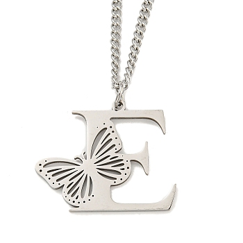 201 Stainless Steel Necklaces, Letter E, 23.74 inch(60.3cm) p: 29x34x1.3mm