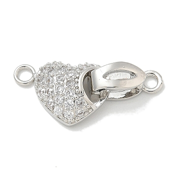 Rack Plating Heart Brass Fold Over Clasps, with Micro Pave Clear Cubic Zirconia, Cadmium Free & Lead Free, Long-Lasting Plated, Platinum, 10.5x24.5x6mm, Hole: 2mm