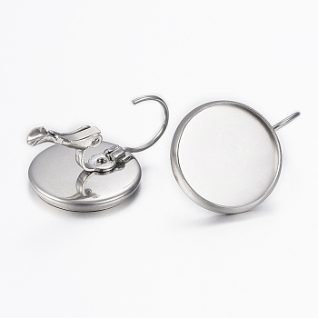 304 Stainless Steel Leverback Earring Findings, Flat Round, Stainless Steel Color, 21x14mm, Pin: 0.8mm, Tray: 12mm