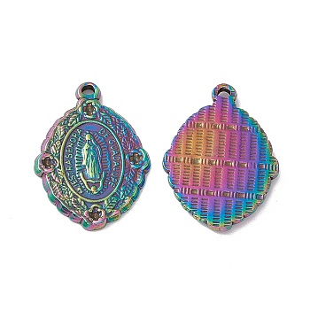 Ion Plating(IP) Oval 304 Stainless Steel Pendant Rhinestone Settings, Religion Virgin Mary Charm, Rainbow Color, Fit for 1.2mm Rhinestone, 29x21x2.5mm, Hole: 1.6mm