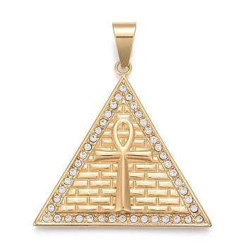 304 Stainless Steel Big Pendants, with Crystal Rhinestone, Triangle with Ankh Cross, Golden, 48x50x4mm, Hole: 6.5x12mm