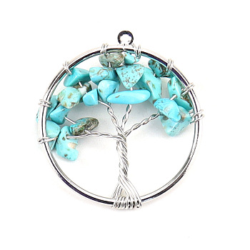 Synthetic Turquoise Tree fo Life Pendants, Iron Ring Chip Gems Tree Charms, Platinum, 30mm
