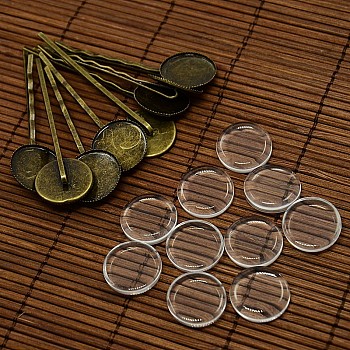 18mm Transparent Clear Domed Glass Cabochon Cover for Iron Hair Bobby Pin DIY Making, Antique Bronze, 63x19x2mm
