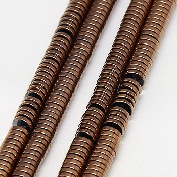 Electroplate Non-magnetic Synthetic Hematite Beads Strands, Heishi Beads, Flat Round/Disc, Grade AAAA, Copper Plated, 4x1mm, Hole: 1mm, about 350~357pcpcs/strand, 15.5 inch