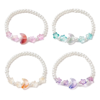 Star & Moon & Imitation Pearl Glass Beaded Stretch Bracelet for Kid, Mixed Color, Inner Diameter: 1-3/4 inch(4.45cm)