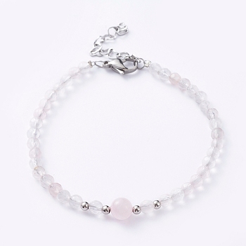 Natural Rose Quartz Beaded Bracelets, with Brass Beads, 304 Stainless Steel Lobster Claw Clasps & Heart Link Chains, 7-1/2 inch(19cm)