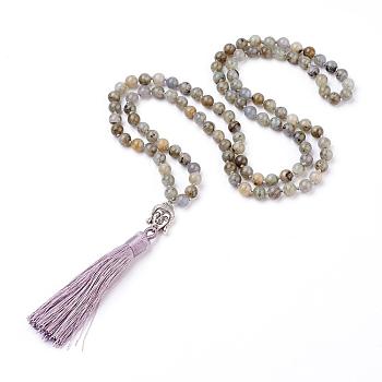 Tassel Pendant Necklaces, with Natural Labradorite Beads, Buddha Head, 31.1 inch~33 inch(79~84cm)