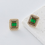 304 Stainless Steel Rhinestone Stud Earrings for Women, with Glass, Golden, Rectangle, 14x12mm(DD3095-3)