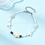 Boho Sea Turtle & Starfish Shell & Synthetic Turquoise Beaded Anklets, Glass Seed Beaded Anklets, Colorful, 9-1/4 inch(236mm)(AJEW-AN00783)