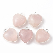 Natural Rose Quartz Pendants, with Silver Color Plated Brass Findings, Heart Charms, 18~19x15~17x7~10mm, Hole: 2mm(G-C005-01S-15)
