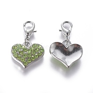 Alloy Rhinestone Pendants, Cadmium Free & Lead Free, Grade A, with Lobster Clasp, Heart, Platinum Metal Color, Peridot, 30x18x4mm(X-RB-C1386-A07P)