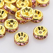 Brass Rhinestone Spacer Beads, Grade A, Straight Flange, Golden Metal Color, Rondelle, Light Rose, 8x3.8mm, Hole: 1.5mm(RB-A014-Z8mm-27G)