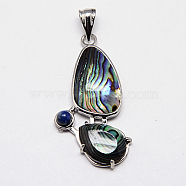 Abalone Shell/Paua Shell Pendants, with Lapis Lazuli Beads and Brass Pendant Settings, teardrop, Platinum Metal Color, Colorful, 43.5x21x4.5mm, Hole: 7x4mm(SSHEL-F0001-05)