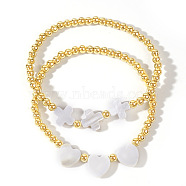 2Pcs Simple White Seashell Cross & Heart Stretch Bracelet Sets, with Brass Beads  for Beach Vacation, Antique White, Golden, 6-7/8 inch(17.5cm)(JC6686-1)