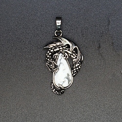Natural Howlite Brass Pendants, Flying Dragon Charms with Faceted Teardrop Gems, Antique Silver, 38x22x6mm(G-PW0004-66B)