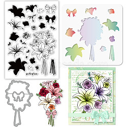 1Pc Carbon Steel Cutting Dies Stencils, with 1 Sheet PVC Plastic Stamps and 1 Set Painting Stencils, for DIY Scrapbooking, Photo Album, Decorative Embossing, Flower Pattern, Cutting Dies Stencils: about 10.1x6x0.08cm, Stamps: about 16x11x0.3cm, Painting Stencils: about 13x13cm(DIY-GL0003-85)