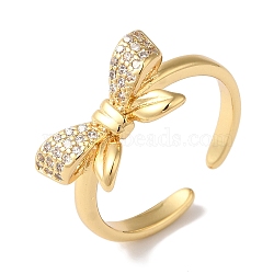 Bowknot Brass Micro Pave Clear Cubic Zirconia Open Cuff Rings for Women, Real 18K Gold Plated, Bowknot: 9x16.5mm, Adjustable(RJEW-C098-04G)