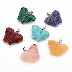 Natural & Synthetic Mixed Gemstone Pendants, with Platinum Brass Bails, Butterfly, 28.5~32x38.5~41x7~10.5mm, Hole: 3.5x8.5mm(G-T122-43)