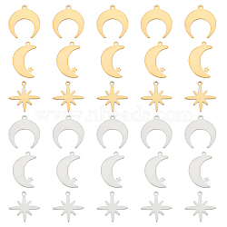 60Pcs 6 Style 304 Stainless Steel Pendants, Laser Cut, Crescent Moon/Double Horn & Moon with Star, Golden & Stainless Steel Color, 15~17x12~15x1mm, Hole: 1.2mm, 10pcs/style(STAS-DC0009-73)