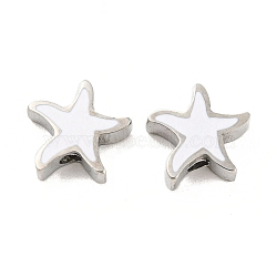 316L Surgical Stainless Steel Beads, with Enamel, Stainless Steel Color, Starfish, White, 9x9.5x3.5mm, Hole: 1.8mm(STAS-M324-09P)
