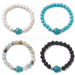 4Pcs Round Natural Amazonite & Lava Rock & Synthetic Turquoise Beaded Stretch Bracelets, Summer Beach Turtle Bracelets for Women Men, Inner Diameter: 2-1/8 inch(5.5cm), Beads: 7.5~8.5mm(BJEW-JB10269)