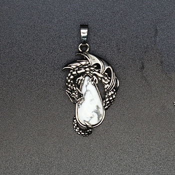 Natural Howlite Brass Pendants, Flying Dragon Charms with Faceted Teardrop Gems, Antique Silver, 38x22x6mm