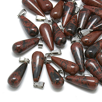 Natural Mahogany Obsidian Pendants, with Stainless Steel Snap On Bails, teardrop, 28~30x10~12mm, Hole: 6x4mm